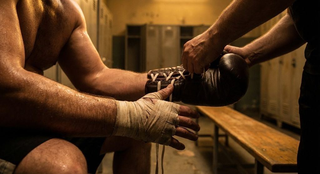 A boxer's taped hands and gloves being laced up before a fight