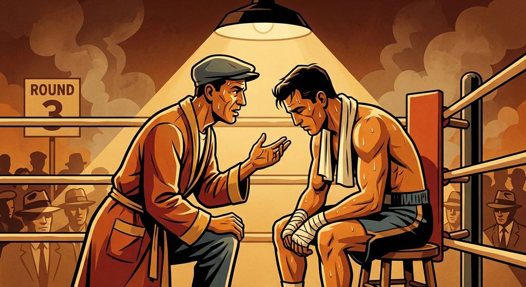 Vintage boxing corner scene with trainer and fighter in mid-century modern illustration style
