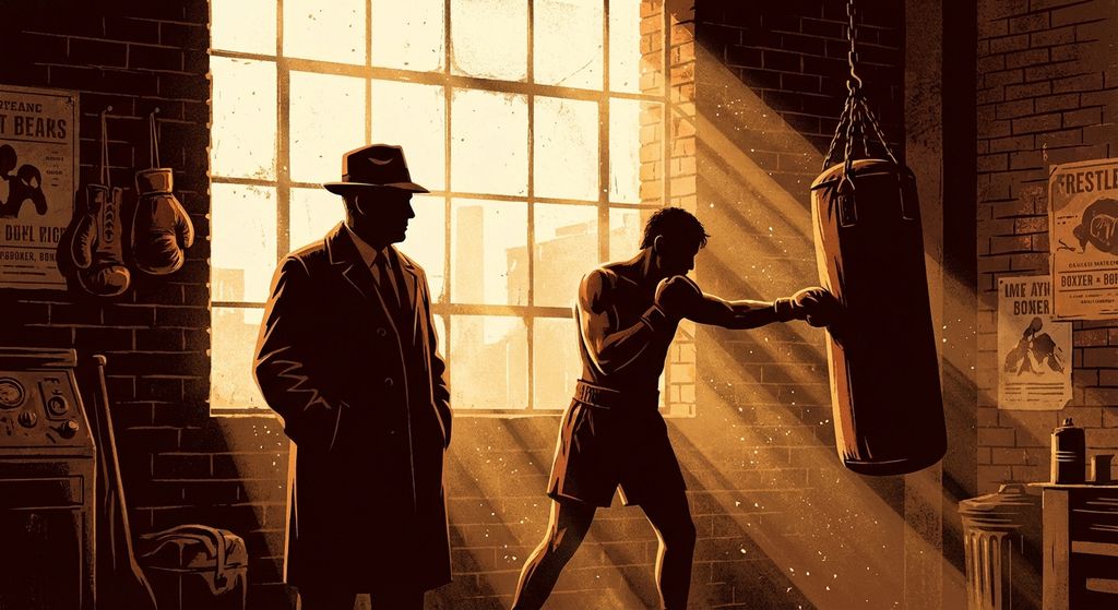 Atmospheric boxing gym with coach and boxer silhouetted in mid-century modern illustration style