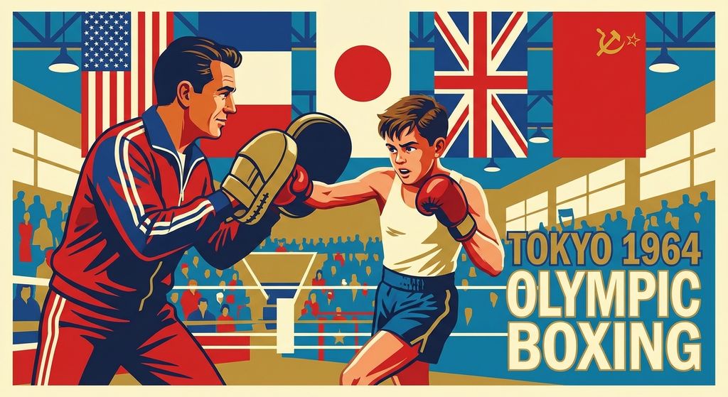 Olympic boxing training session in mid-century modern illustration style