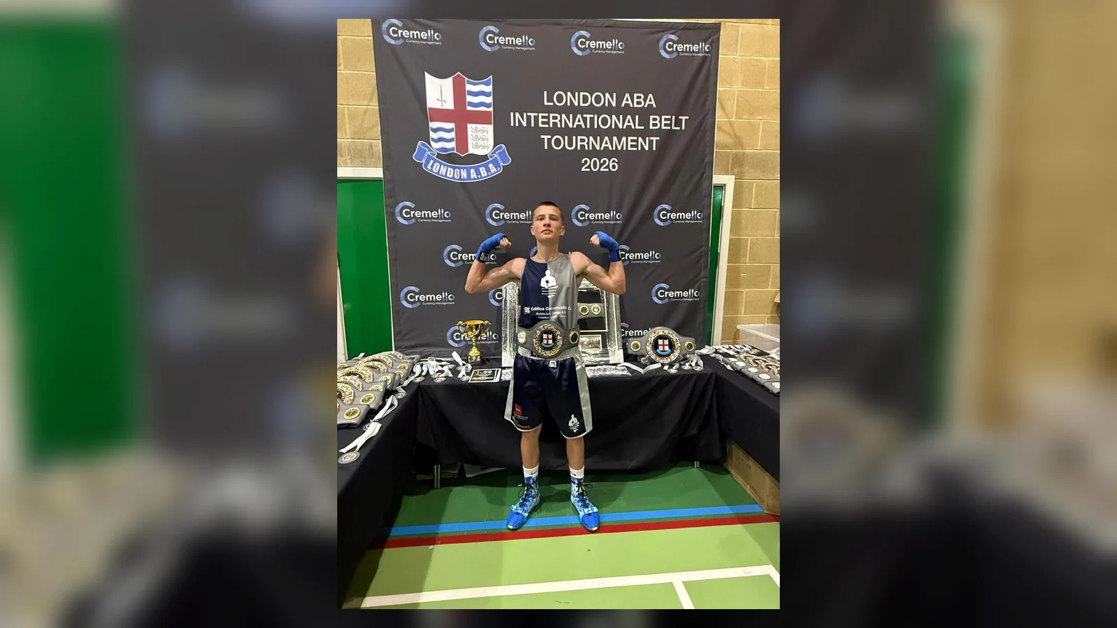 Junior Honour and Glory boxer with London ABA International Belt Tournament belt