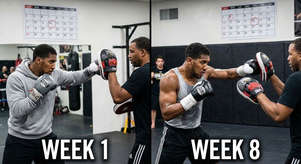 Boxer training twice a week in focused pad work sessions showing consistent progression