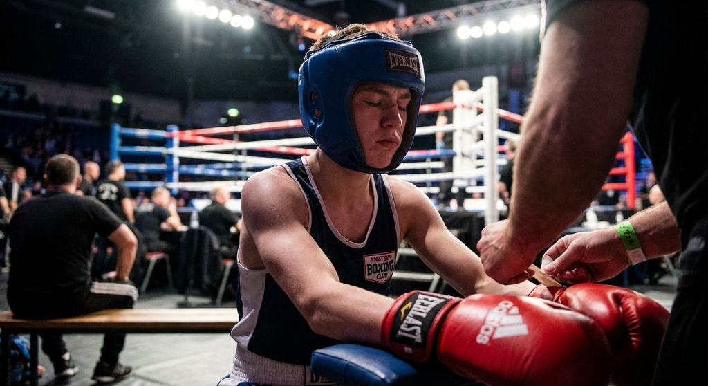 Amateur boxer at their first licensed bout, in full kit with headguard