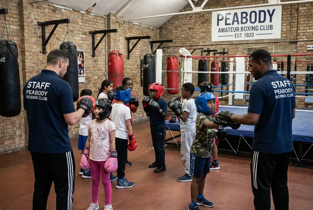 Group of children at a boxing training session with coaches visible in H&G staff shirts