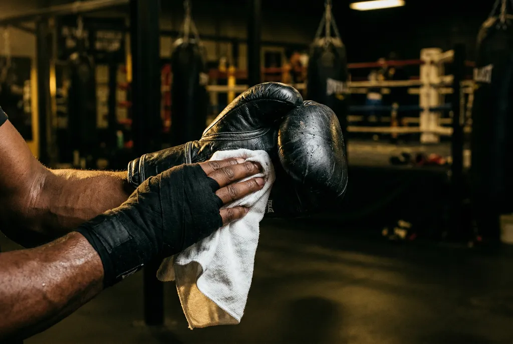 Black boxing gloves being wiped down with a cloth in a dark professional boxing gym with gold lighting