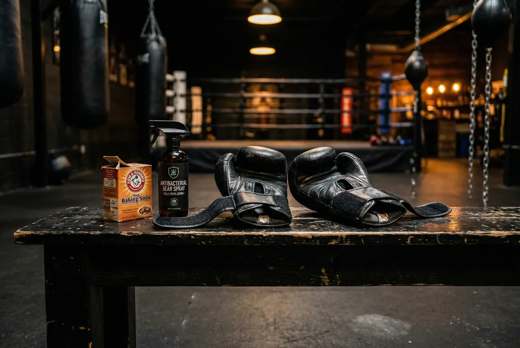 Boxing gloves placed open-side down on a dark gym bench to air dry, with baking soda container and antibacterial spray nearby, gold gym lighting