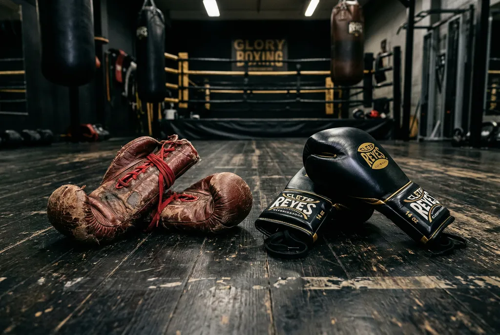Worn boxing gloves with cracked leather beside a new pair of black and gold boxing gloves in a dark gym, dramatic comparison lighting