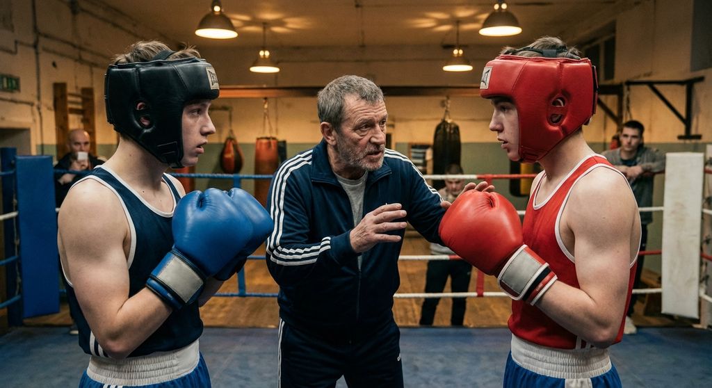Two boxers introduced by a coach before their first sparring session