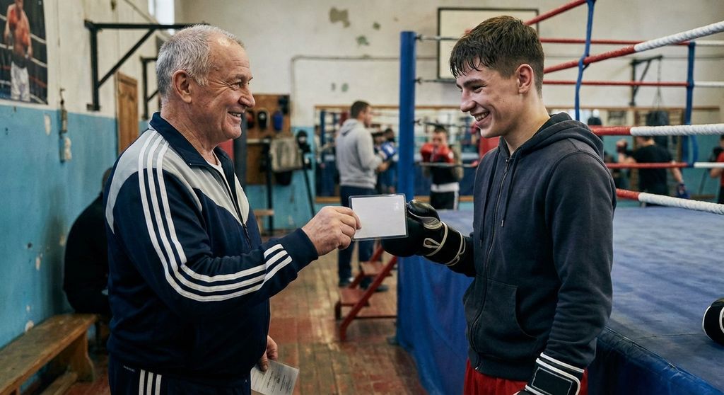 Young boxer receiving their first amateur boxing licence card from a coach