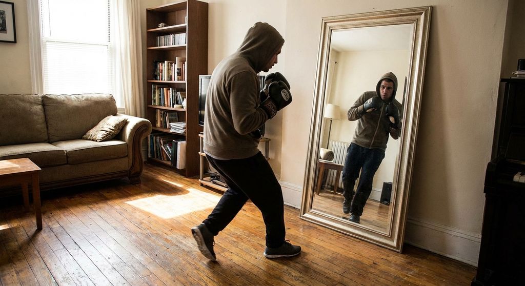 Boxer practising defensive slips and head movement in front of a mirror at home