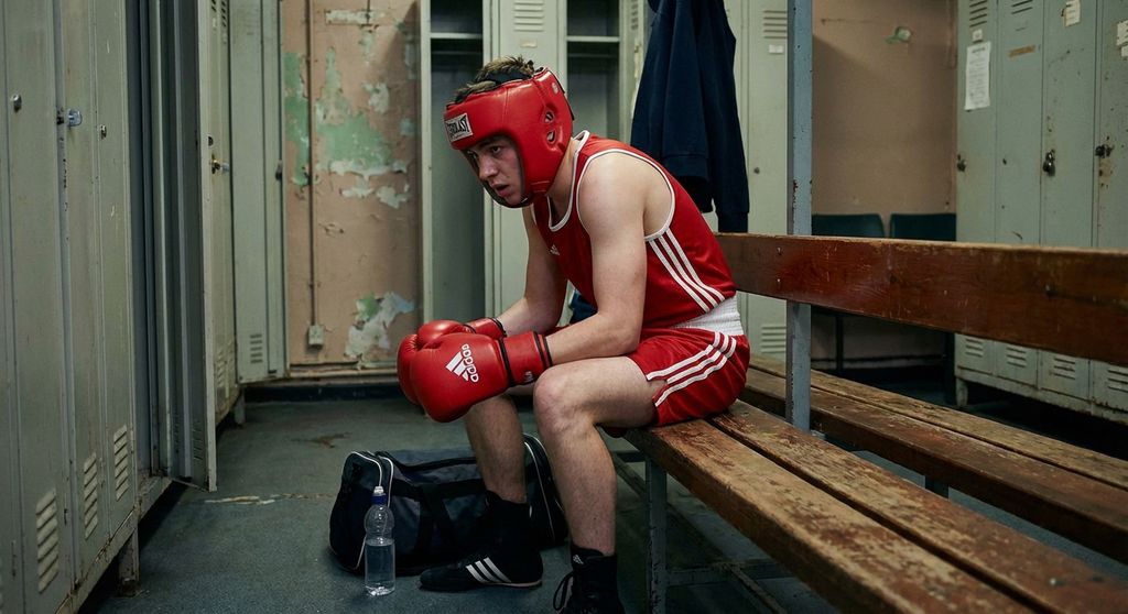 Amateur boxer in full competition kit waiting nervously in a changing room befor