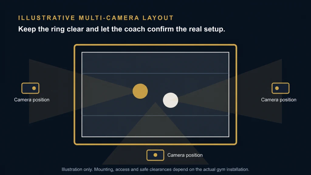 Illustrative top-down boxing ring layout with three fixed camera positions and clear sight lines