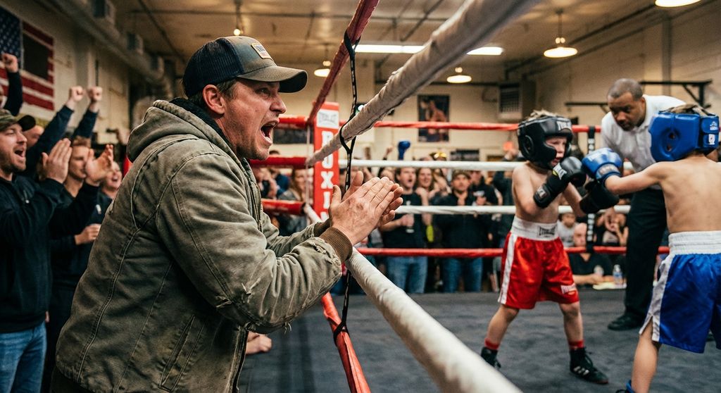 Parent cheering from ringside as their child competes in a junior boxing bout