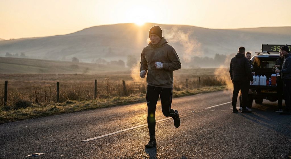 Amateur boxer running roadwork at sunrise, pro training habits
