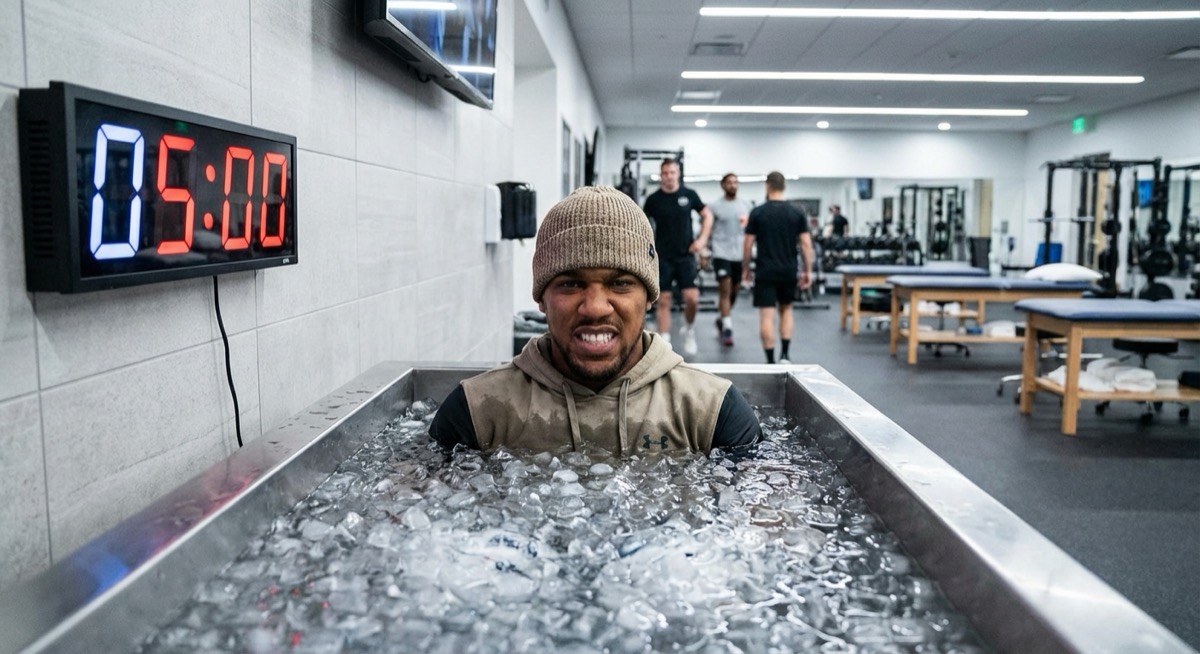 Professional boxer lowering into an ice bath for post-training recovery