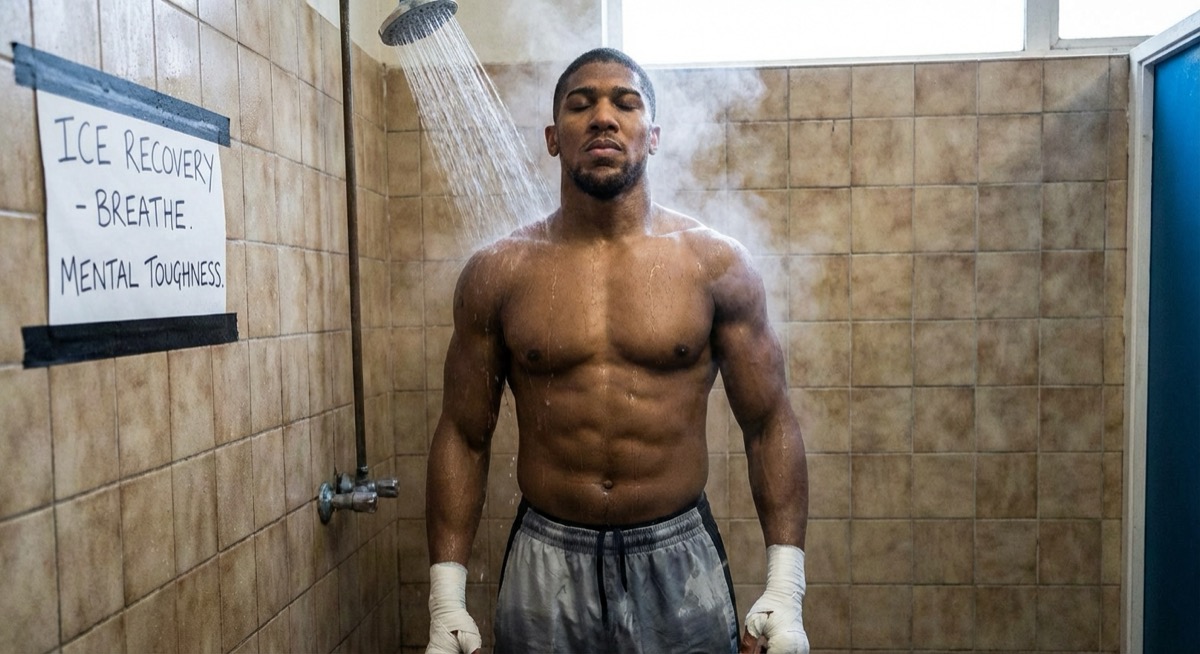 Boxer using cold therapy equipment as part of recovery routine