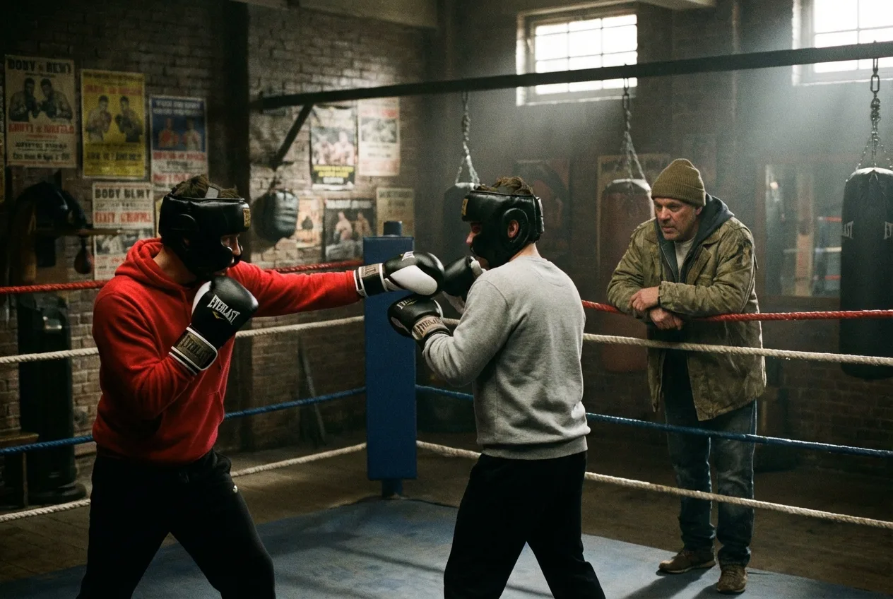 Boxers sparring in the ring, with a coach watching closely