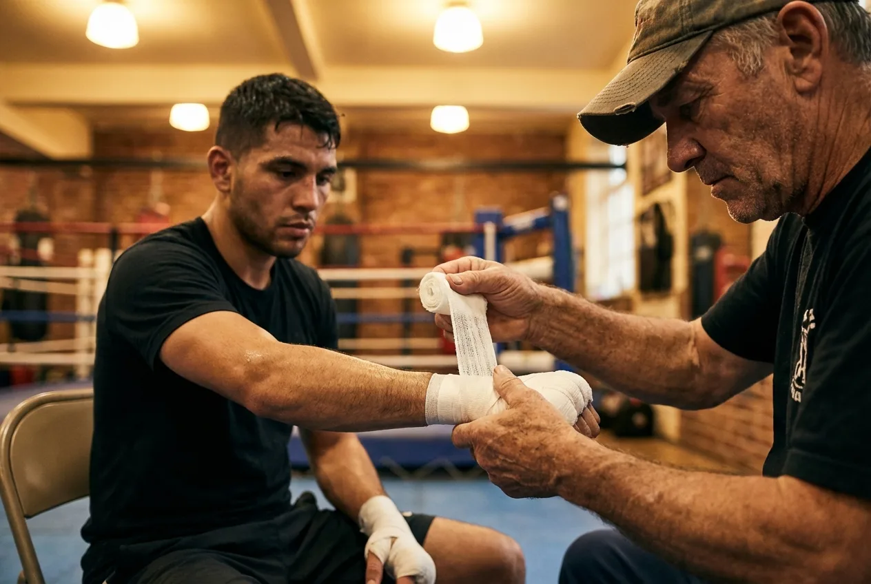 A boxing coach wrapping a fighter's hands before a sparring session