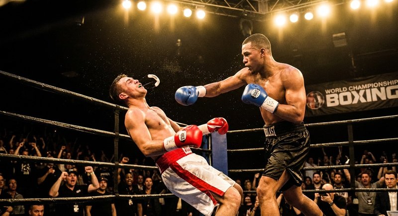 Boxing match at a streamer boxing event with crowd and dramatic lighting