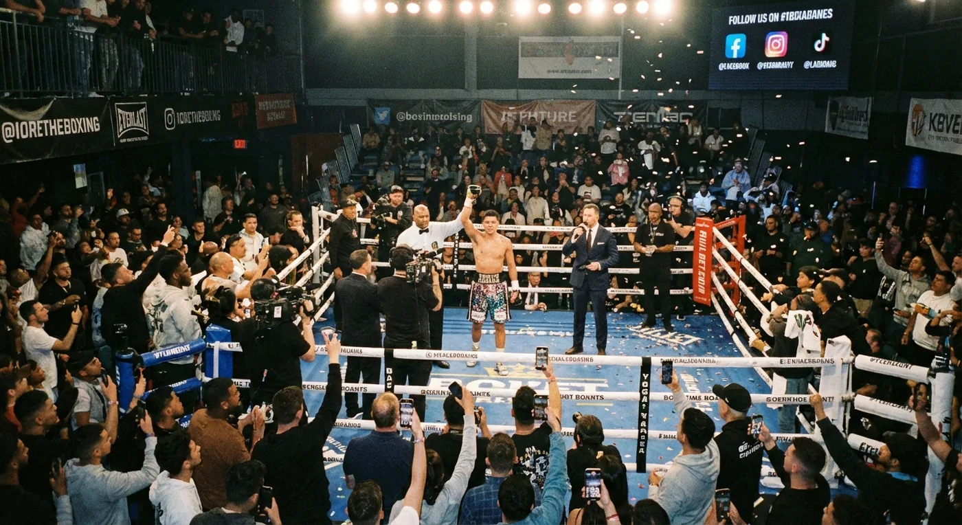 Boxing match at a streamer boxing event with crowd and dramatic lighting