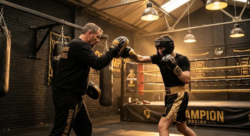 Boxing coach training a young athlete in a professional gym