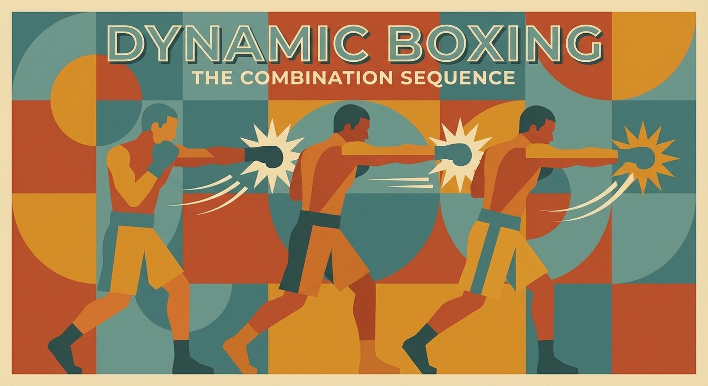 Boxer throwing a combination punch sequence in mid-century modern illustration style