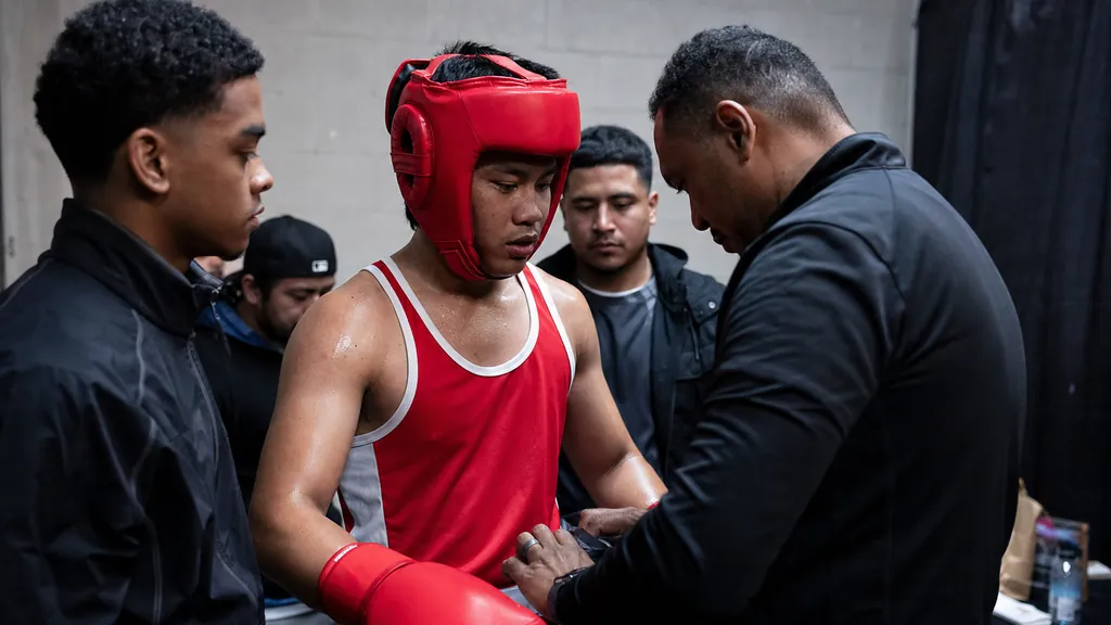 Boxer warming up with coach and teammates before an amateur boxing competition