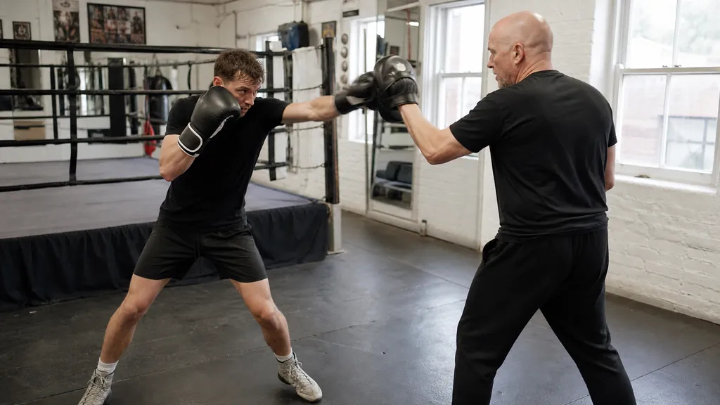Adult recreational boxer working a measured lead-hand focus-mitt drill with the opposite glove guarding the cheek
