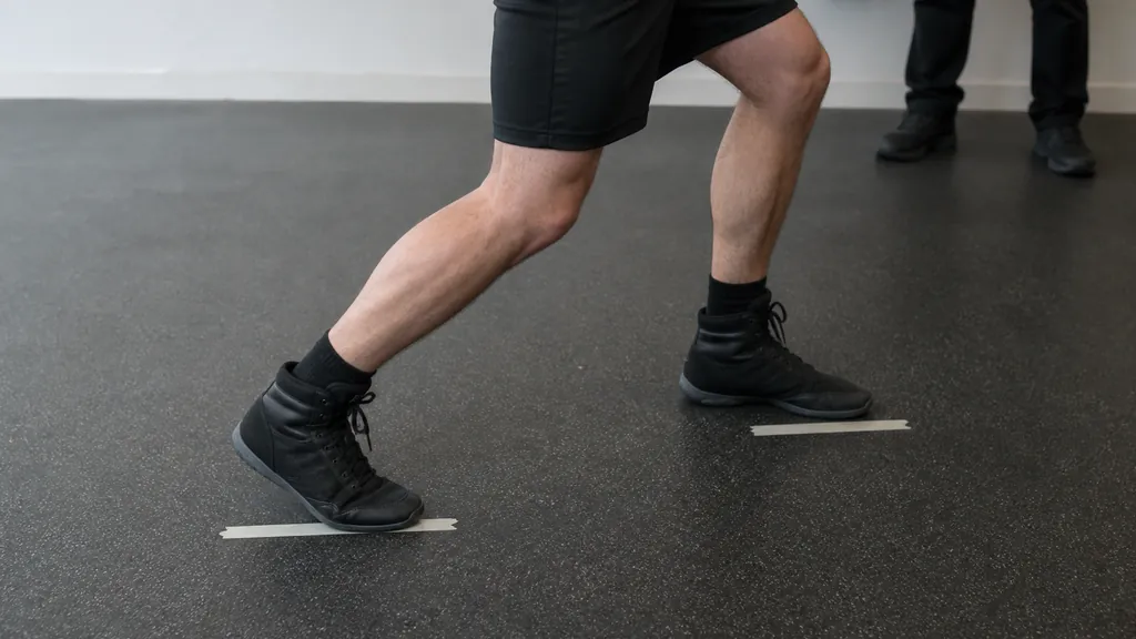 Low view of an adult boxer taking a small diagonal angle step over simple floor markers during a supervised drill