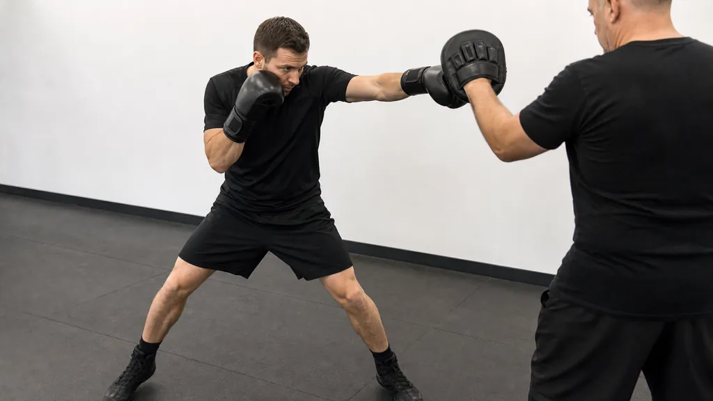 Adult boxer working a controlled lead-hand focus-mitt drill with stable feet and a compact guard in an unbranded gym