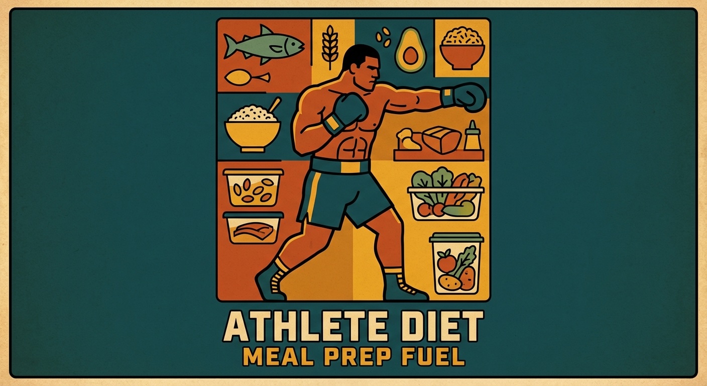 Heavyweight boxer with nutrition and meal prep in mid-century modern illustration style