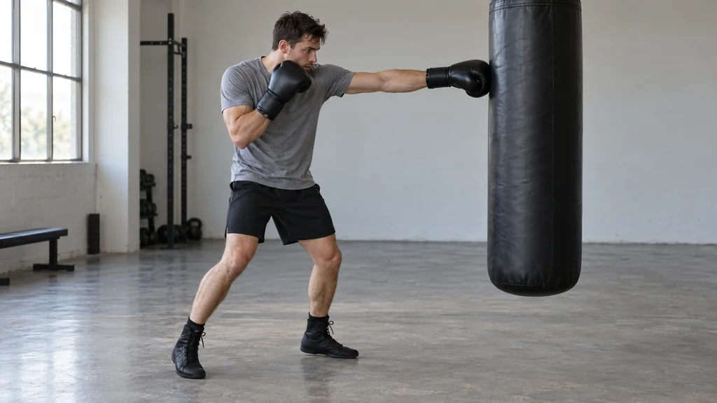 Adult boxer in an orthodox stance while a coach checks rear-foot position in an unbranded community boxing gym