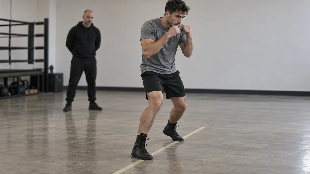 Adult boxer using a lightly raised rear heel while placing a controlled jab on a coach-held focus mitt