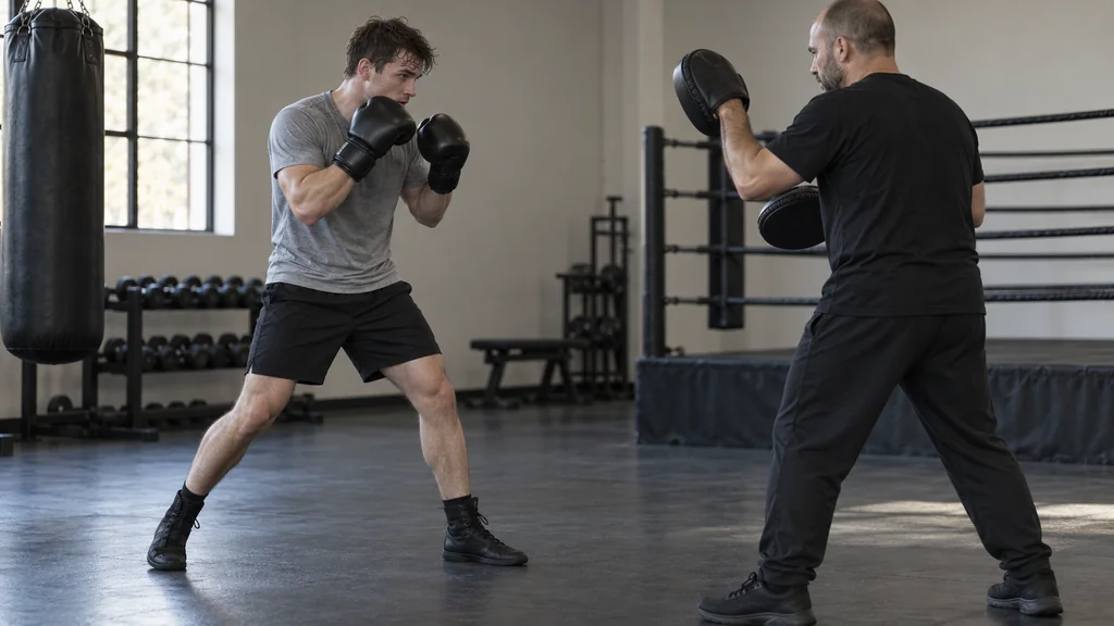 Adult boxer practising a controlled stance-and-mobility drill with feet staggered along a floor line