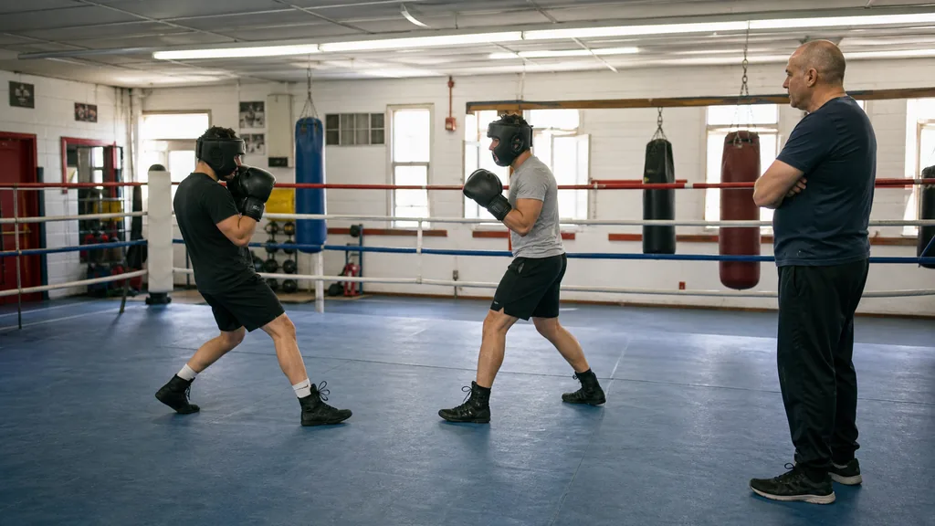 Two adult boxers doing a slow retreat-and-reset drill under coach supervision in a community boxing gym