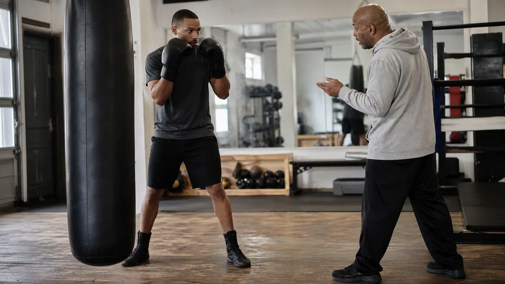 Adult boxer resetting with a high guard after a measured heavy-bag drill while a coach gives instruction