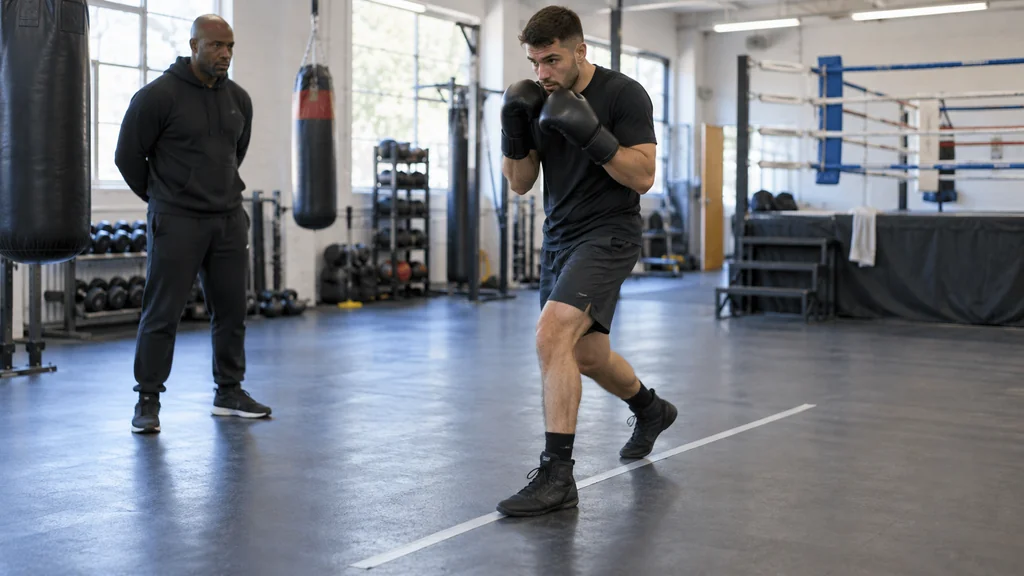 Adult boxer rehearsing a slow backward stance shift along a floor line with a compact high guard