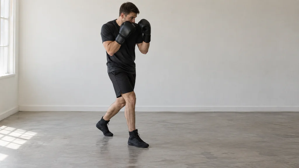 Coach and adult boxer practising a controlled backward-shift pad drill with a guarded landing