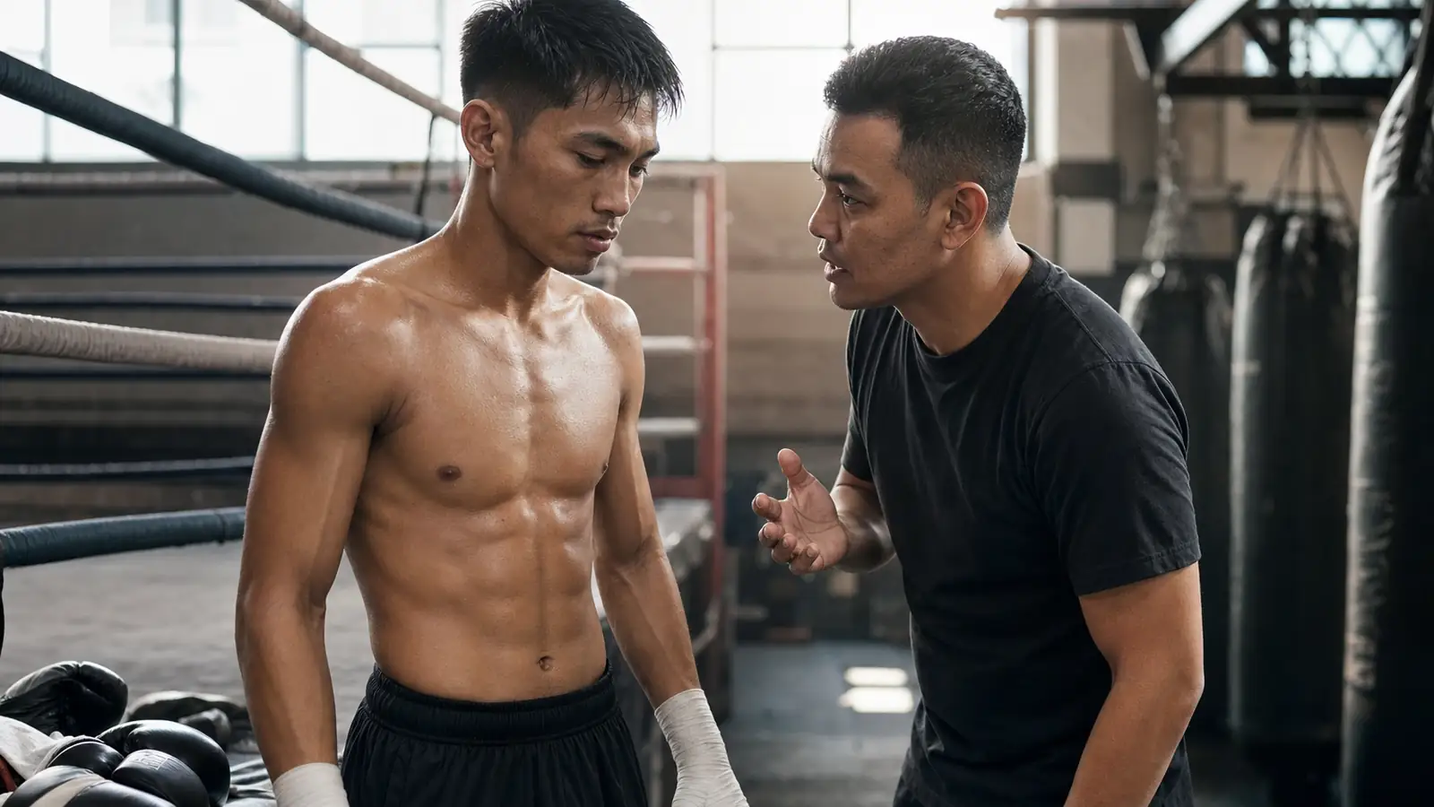 A calm boxer listening to coach instruction during fight-week preparation
