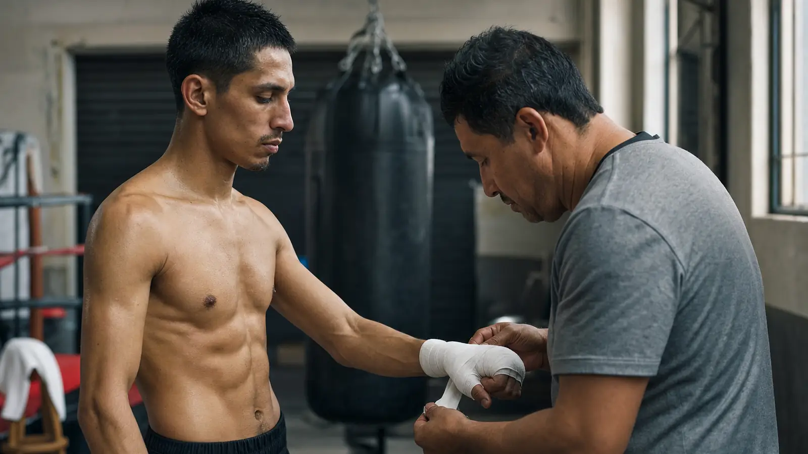 A coach checking a boxer’s hand wraps during calm fight-week preparation