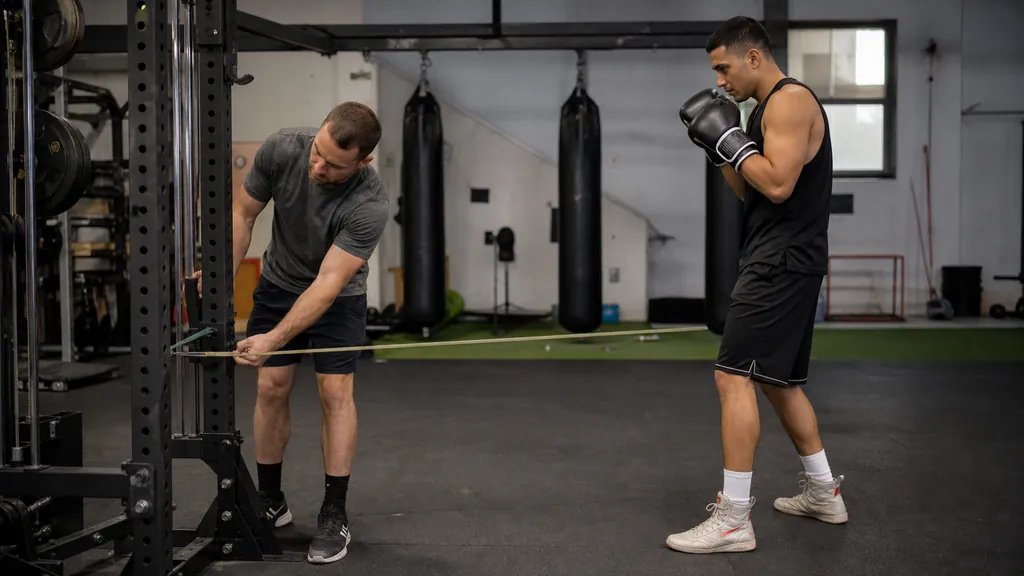 Coach and boxer setting up a light resistance band safely on a stable gym rack before technical work