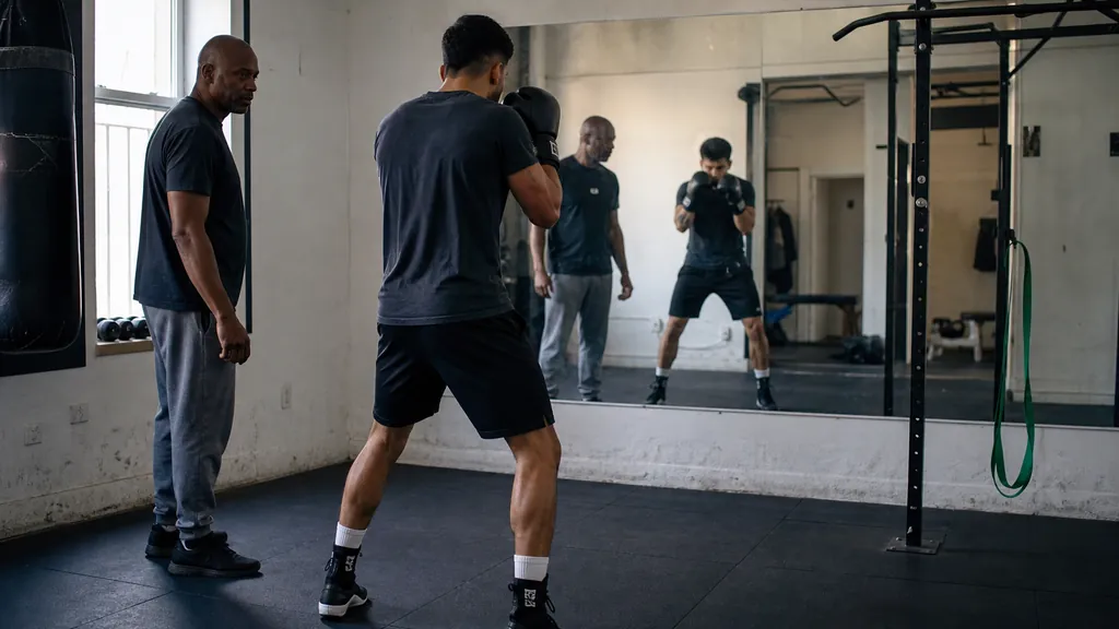 Adult boxer and coach reviewing a balanced guard and stance after a slow straight-punch drill