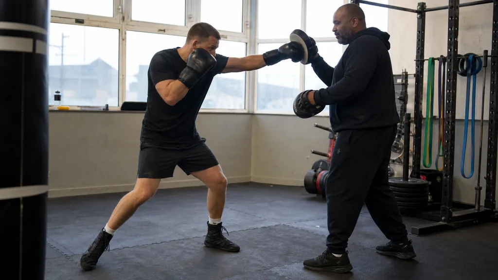 Boxer and coach practising a slow, balanced one-two on focus mitts after technical resistance-band work