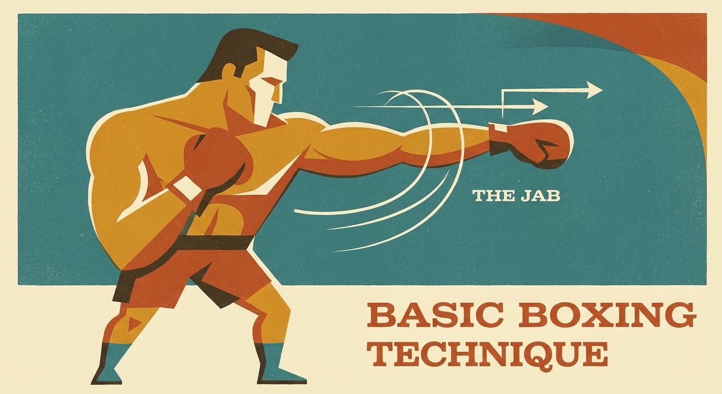 Boxer throwing a jab punch in mid-century modern illustration style