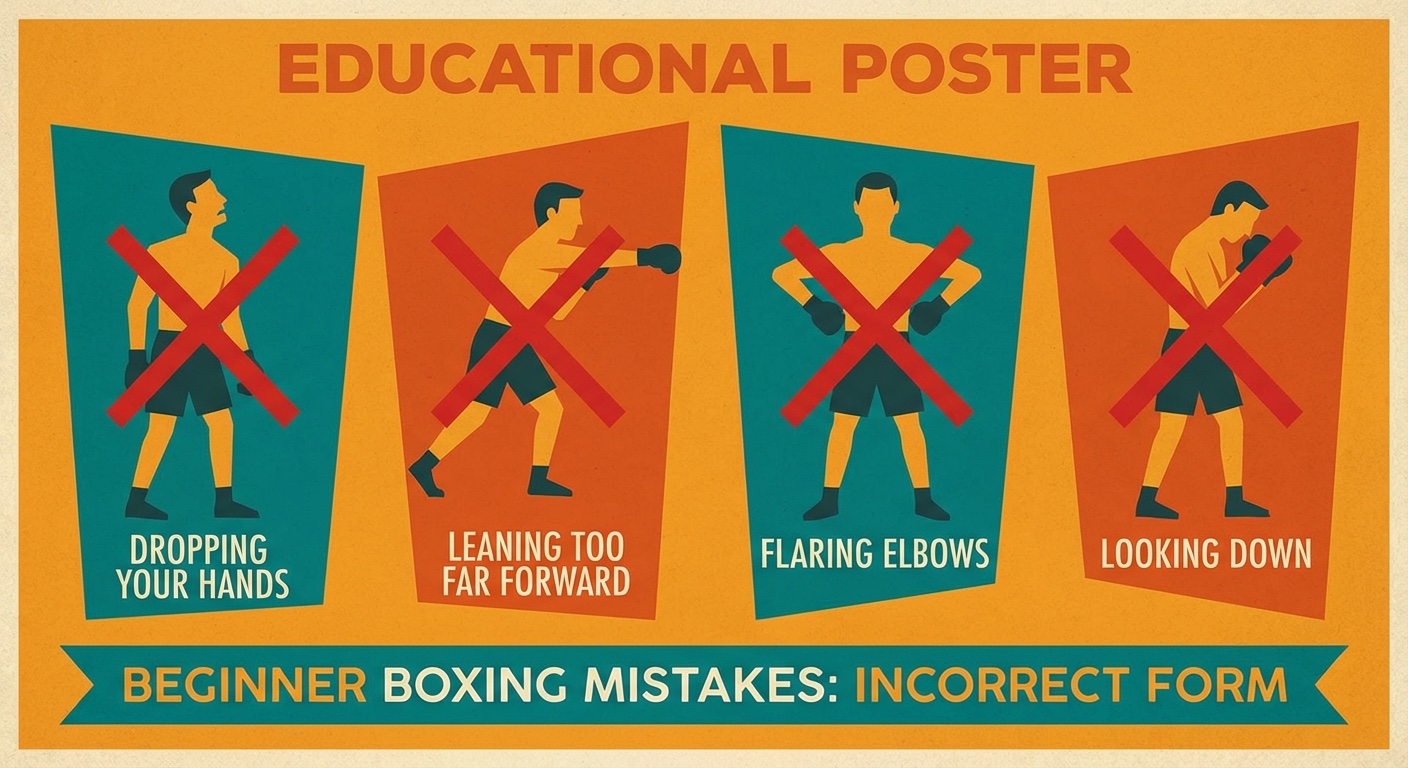Common beginner boxing mistakes to avoid in mid-century modern illustration style