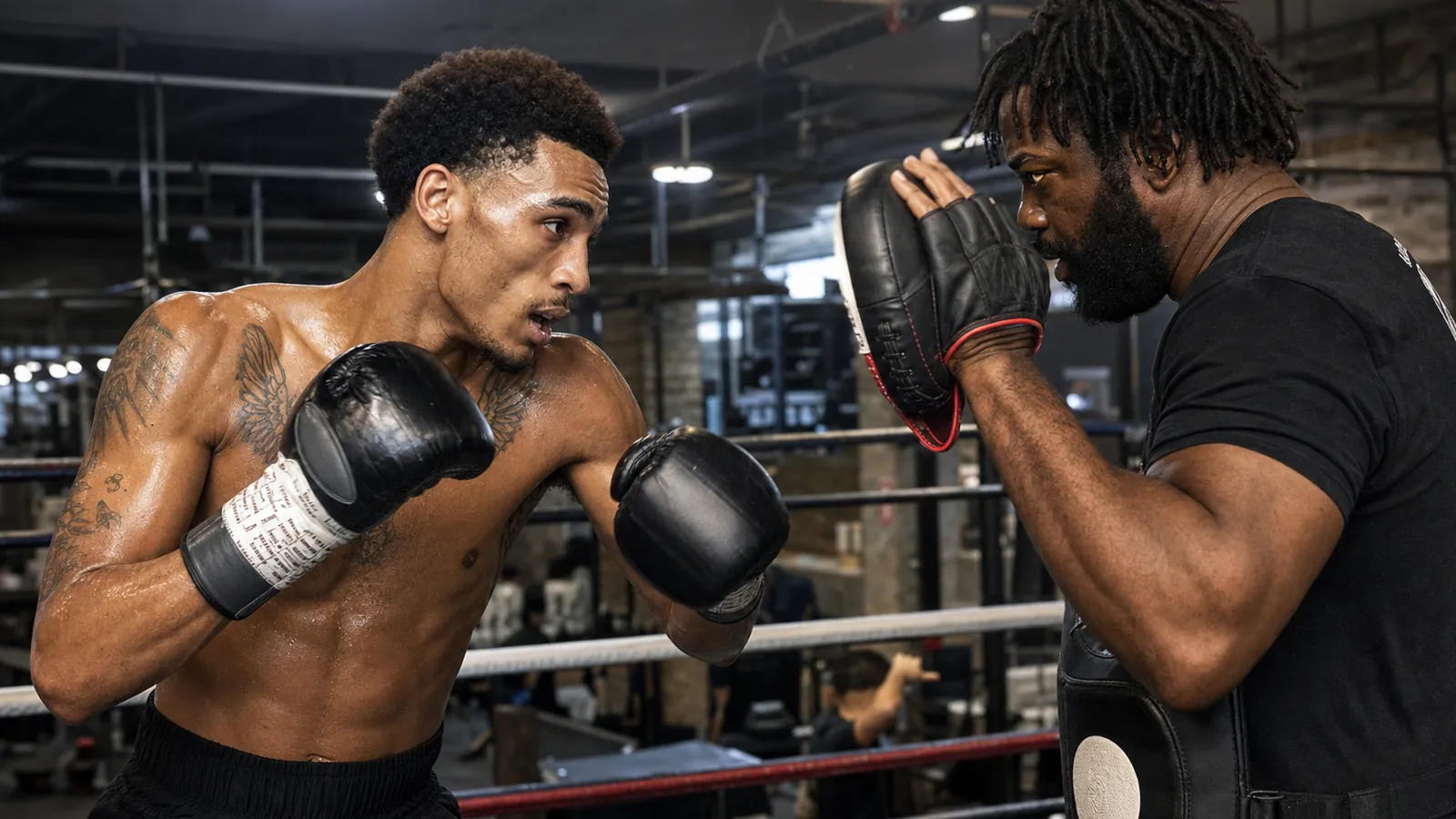 Coach-led boxing pad work showing timing and discipline for a travelling fighter