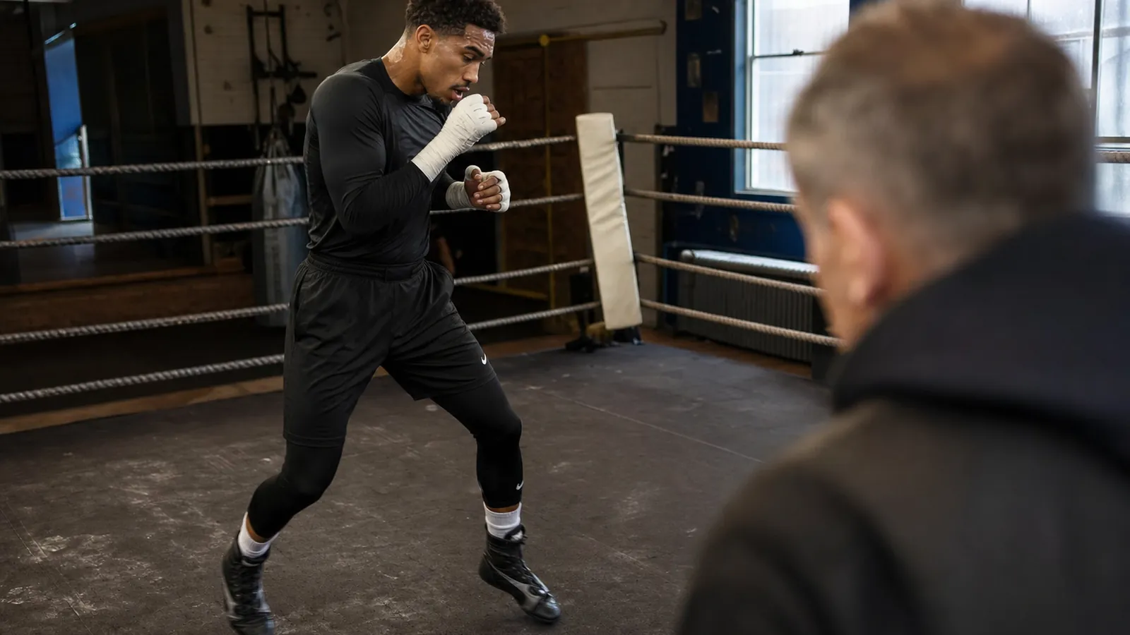 Focused boxer resetting in the gym before a high-pressure away fight