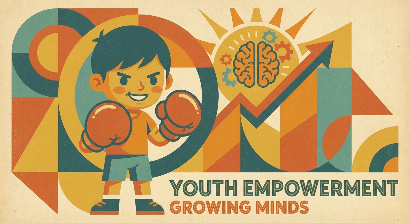 Child gaining confidence through boxing in mid-century modern illustration style
