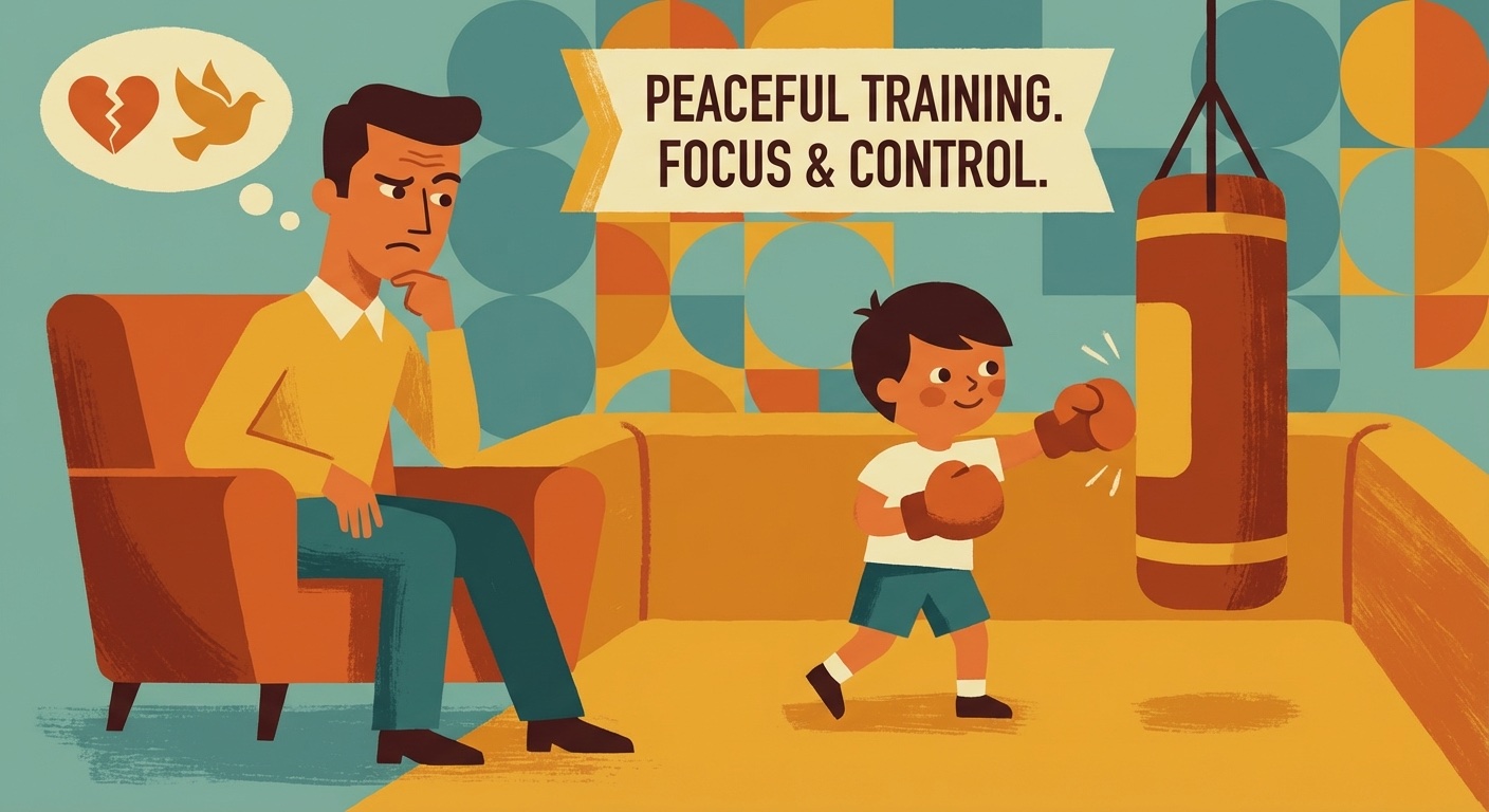 Parent watching child boxing safely in mid-century modern illustration style