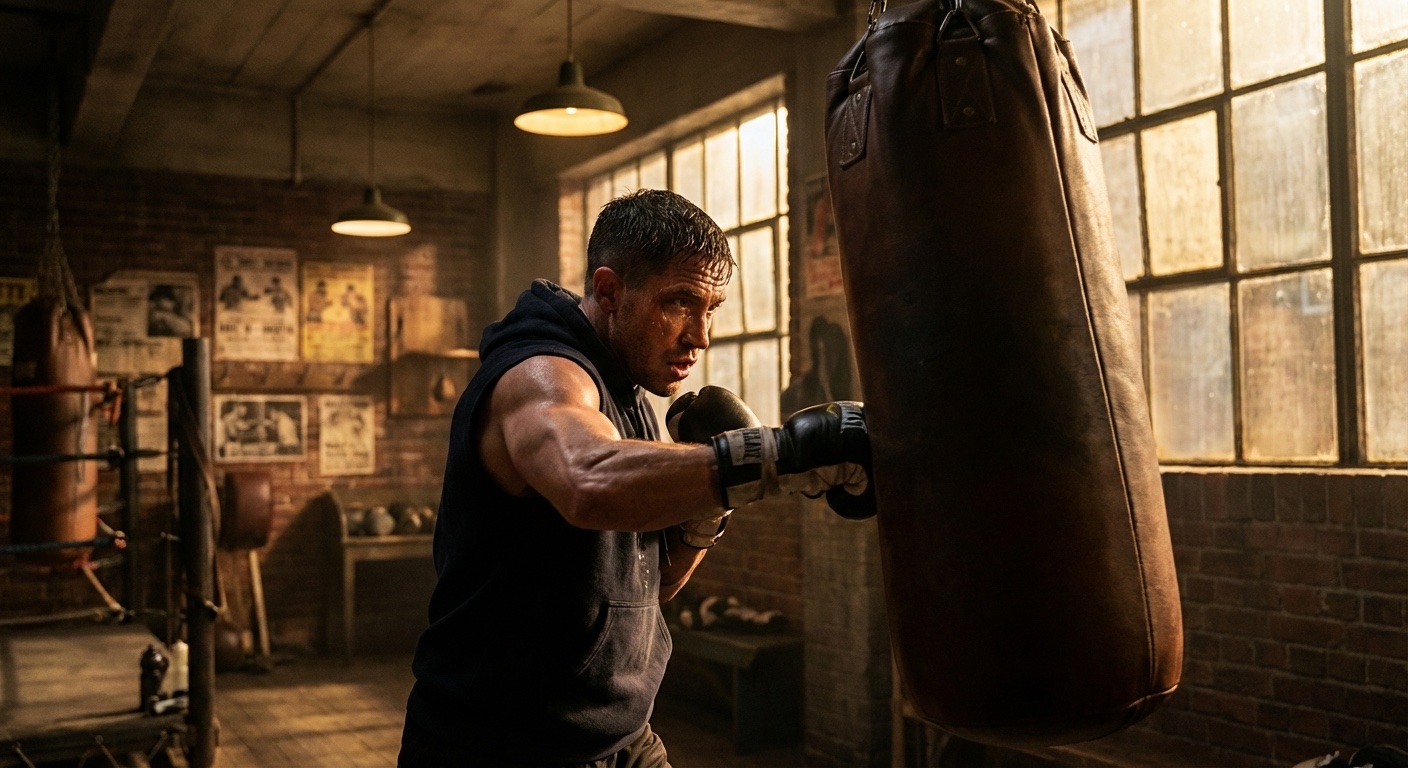 Boxer training on heavy bag with dramatic gym lighting